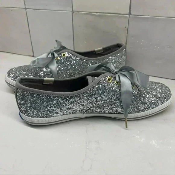 Keds x Kate Spade Champions Silver Glitter Sneaker with Ribbon Shoelaces 6.5 - Picture 5 of 10